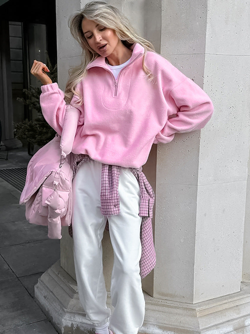 Pullover Women's Relaxed Fit with High Collar and Zip | L&S - 2 - London-stylehouse.com