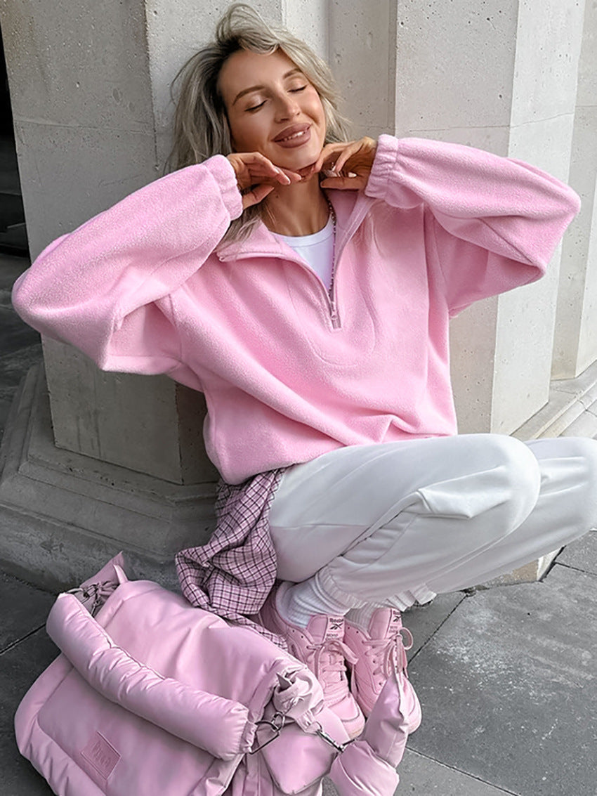 Pullover Women's Relaxed Fit with High Collar and Zip | L&S - 3 - London-stylehouse.com
