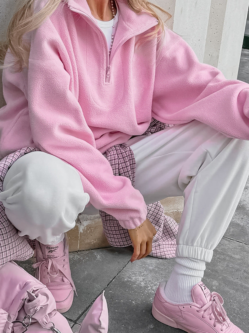 Pullover Women's Relaxed Fit with High Collar and Zip | L&S - 7 - London-stylehouse.com