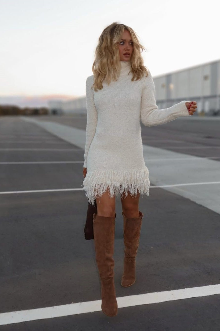 Turtleneck Mini Dress for Women's with Fringed Hem | L&S - 2 - London-stylehouse.com