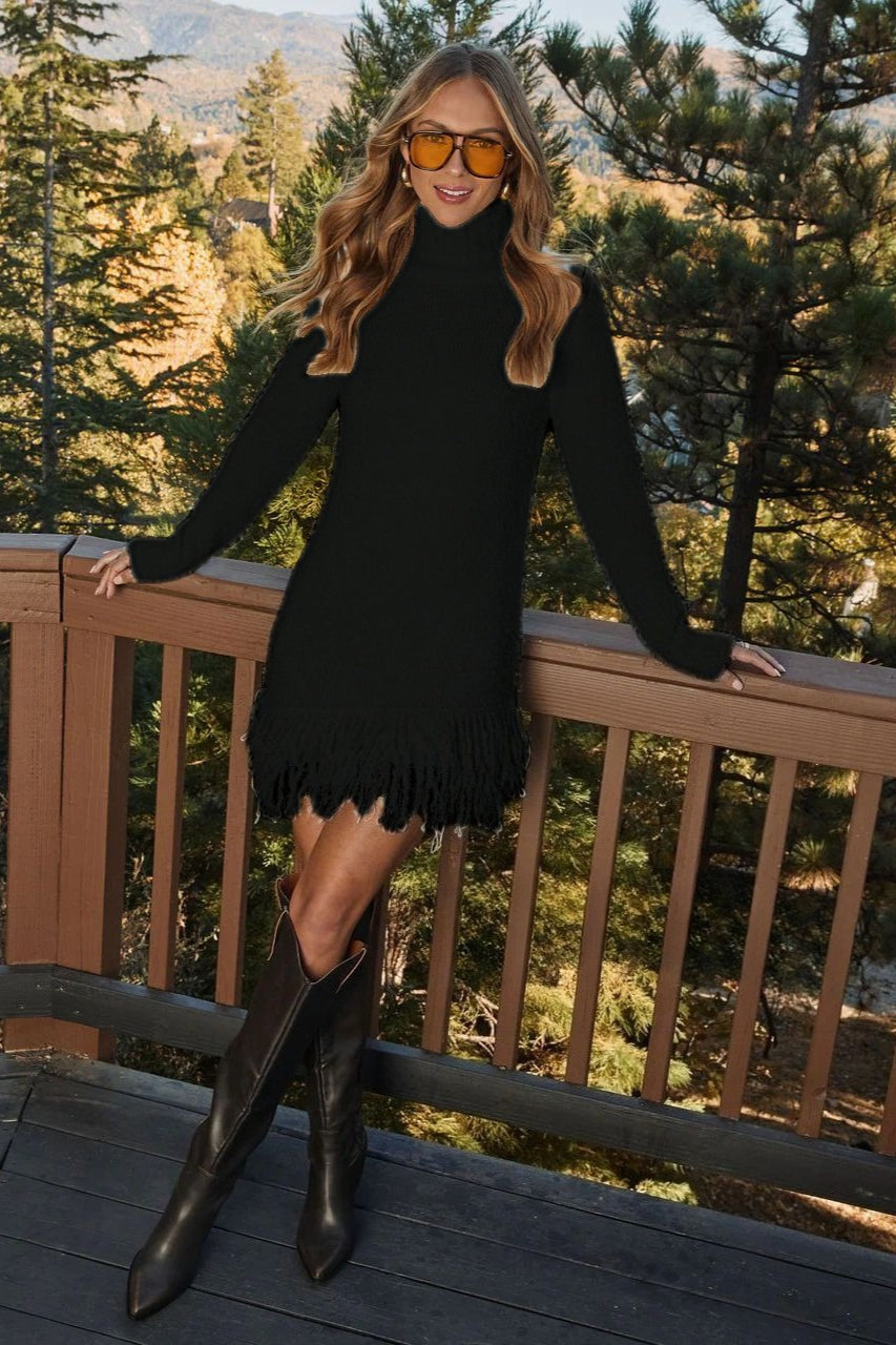 Turtleneck Mini Dress for Women's with Fringed Hem | L&S - 5 - London-stylehouse.com