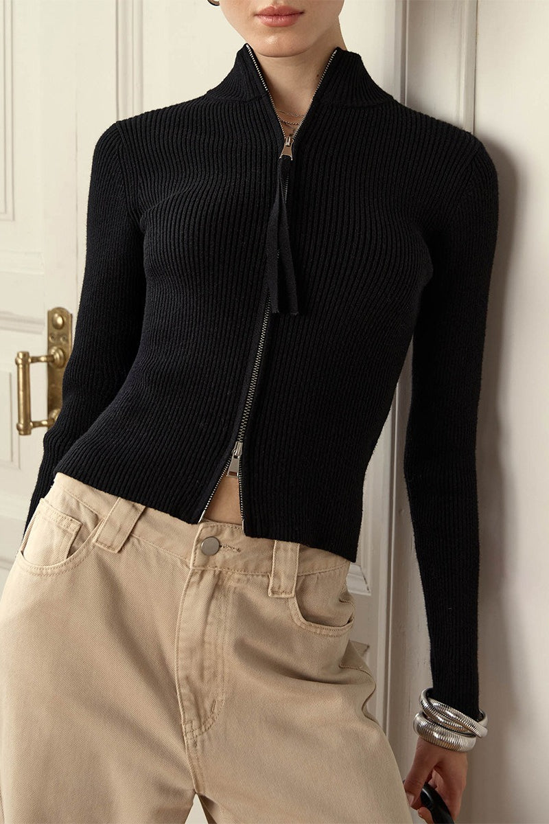 Cardigan Women's Fitted Zip-Up Design with Stand Collar | L&S - 1 - London-stylehouse.com