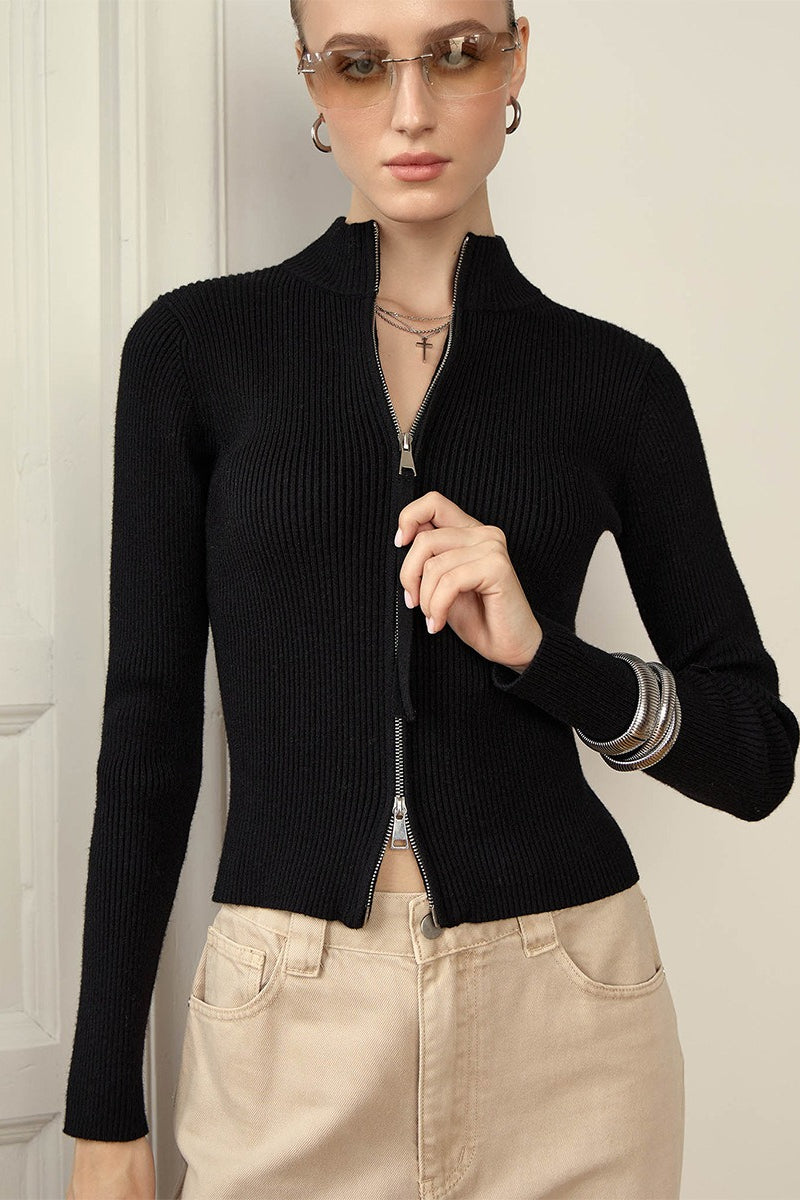 Cardigan Women's Fitted Zip-Up Design with Stand Collar | L&S - 2 - London-stylehouse.com