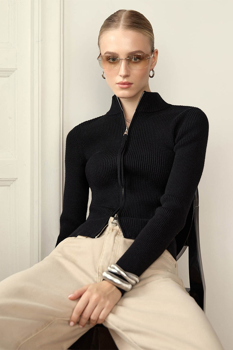 Cardigan Women's Fitted Zip-Up Design with Stand Collar | L&S - 3 - London-stylehouse.com