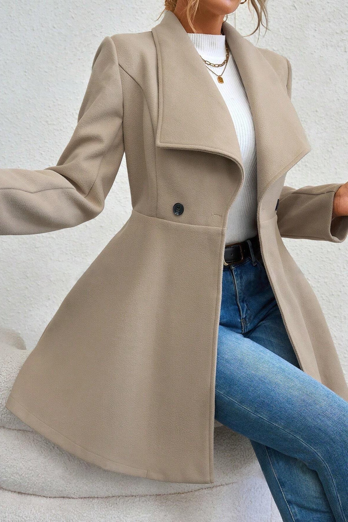 Coat Women's Tailored Flared Design with Open Collar | L&S - 7 - London-stylehouse.com