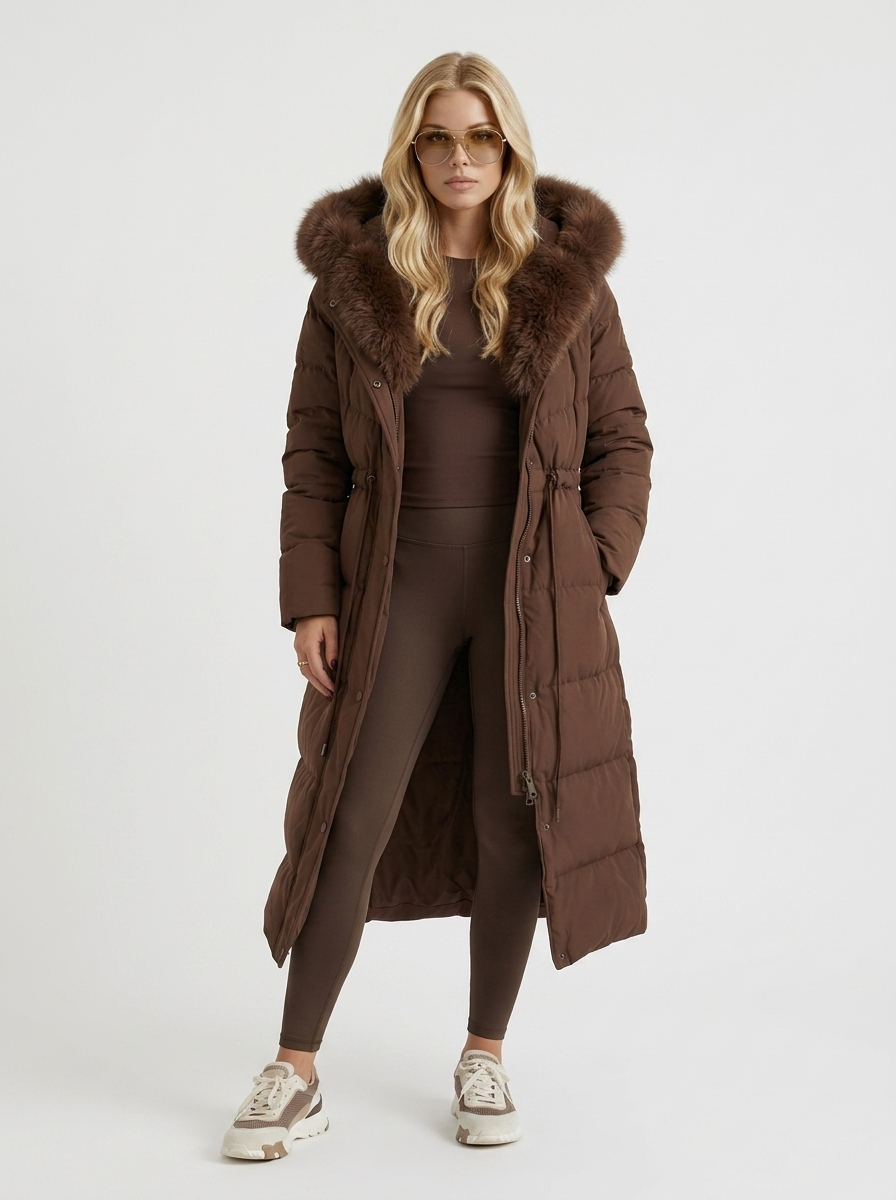 Long Women's Coat with Removable Hood & Adjustable Waist | L&S - 1 - London-stylehouse.com