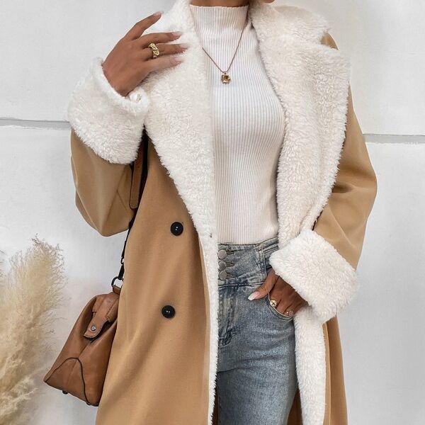 Coat Women's Double-Breasted with Soft Faux Fur Collar | L&S - 1 - London-stylehouse.com