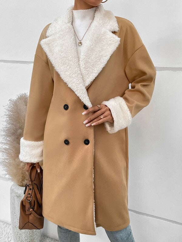 Coat Women's Double-Breasted with Soft Faux Fur Collar | L&S - 6 - London-stylehouse.com