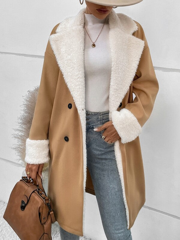 Coat Women's Double-Breasted with Soft Faux Fur Collar | L&S - 10 - London-stylehouse.com
