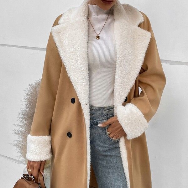 Coat Women's Double-Breasted with Soft Faux Fur Collar | L&S - 12 - London-stylehouse.com