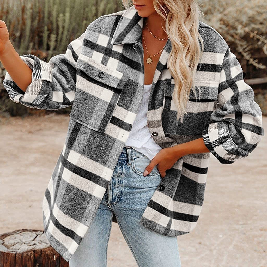 Checked Women's Jacket with Relaxed Fit and Functional Pockets | L&S - 6 - London-stylehouse.com