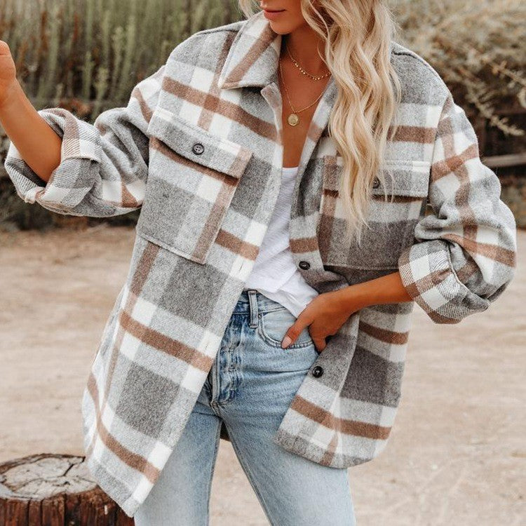 Checked Women's Jacket with Relaxed Fit and Functional Pockets | L&S - 7 - London-stylehouse.com