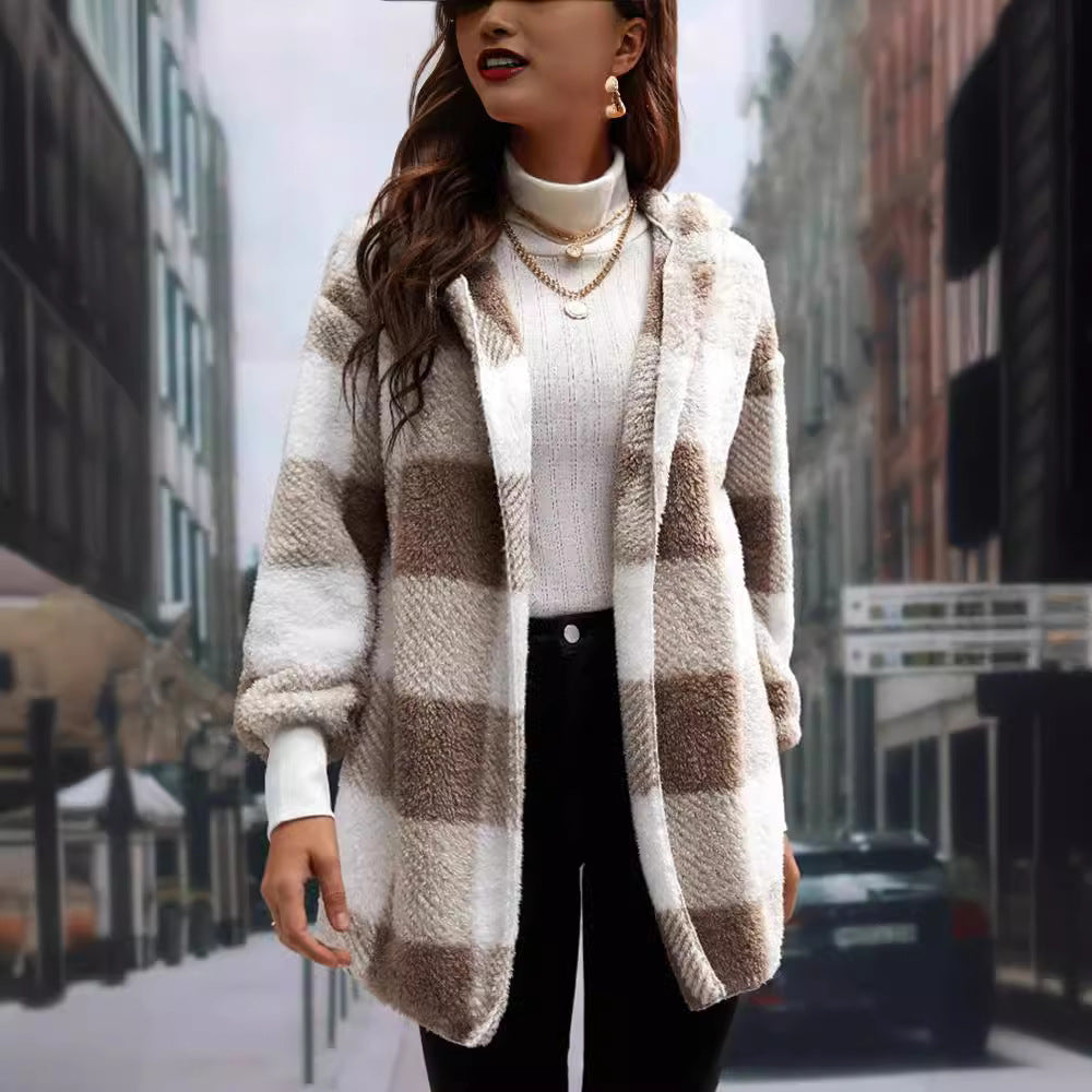 Coat Women's Checkered Design with Hood | L&S - 7 - London-stylehouse.com