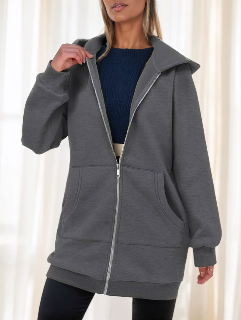 Hooded Longline Zip-Up Hoodie Women's with Pockets | L&S - 2 - London-stylehouse.com