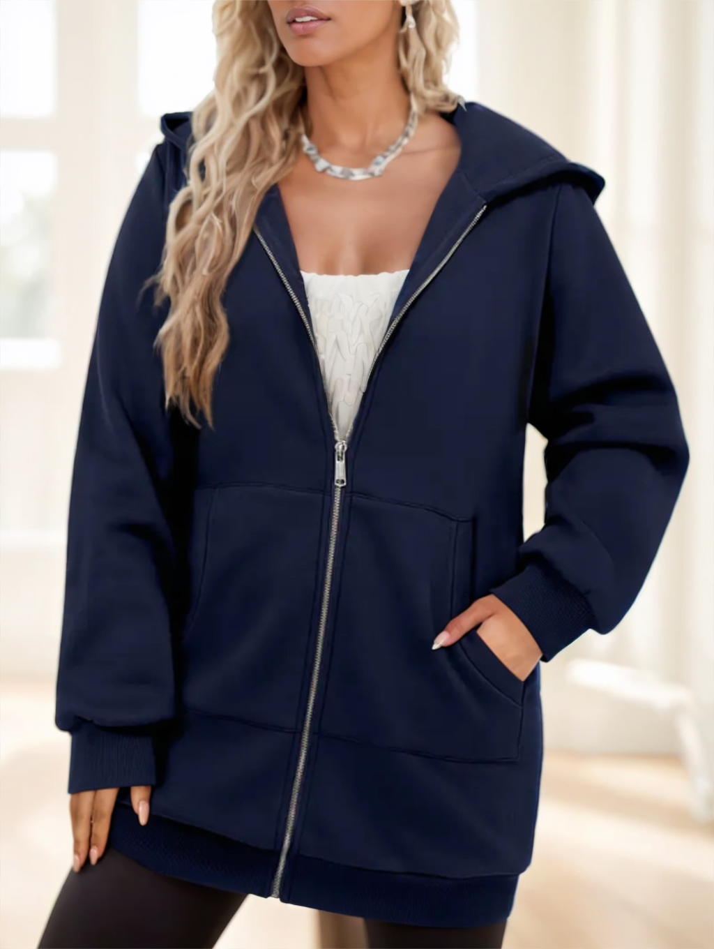 Hooded Longline Zip-Up Hoodie Women's with Pockets | L&S - 4 - London-stylehouse.com