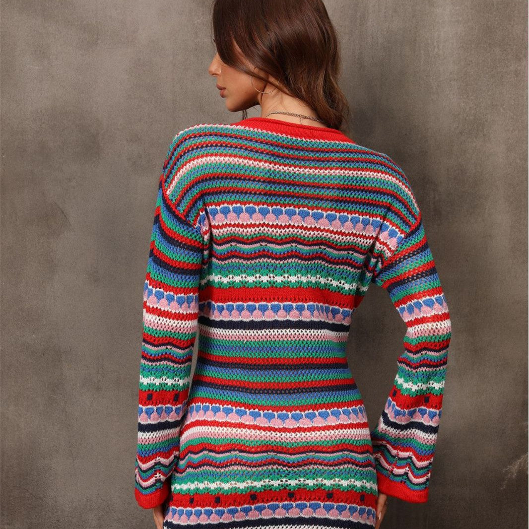 Women's Striped Knit Dress with Bell Sleeves | L&S - 2 - London-stylehouse.com