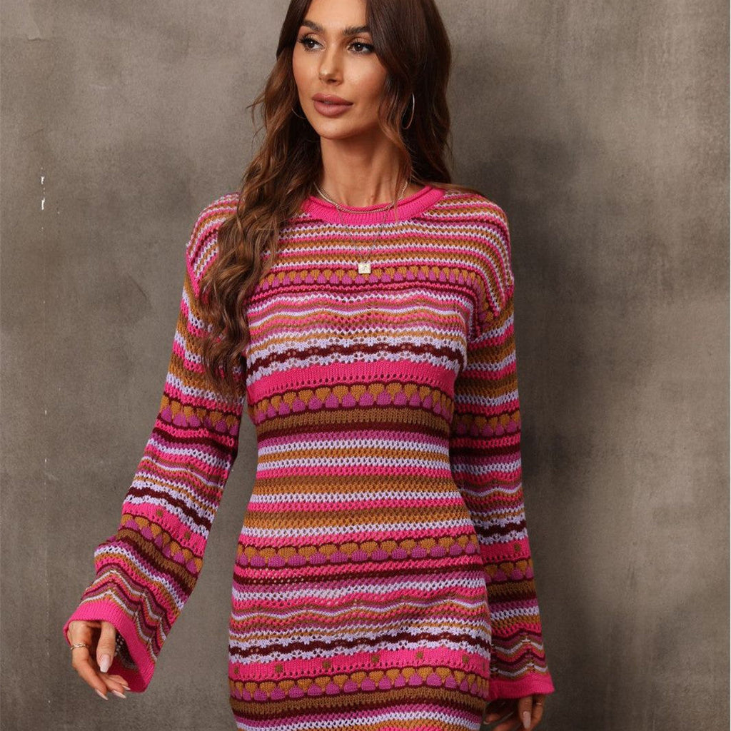 Women's Striped Knit Dress with Bell Sleeves | L&S - 3 - London-stylehouse.com