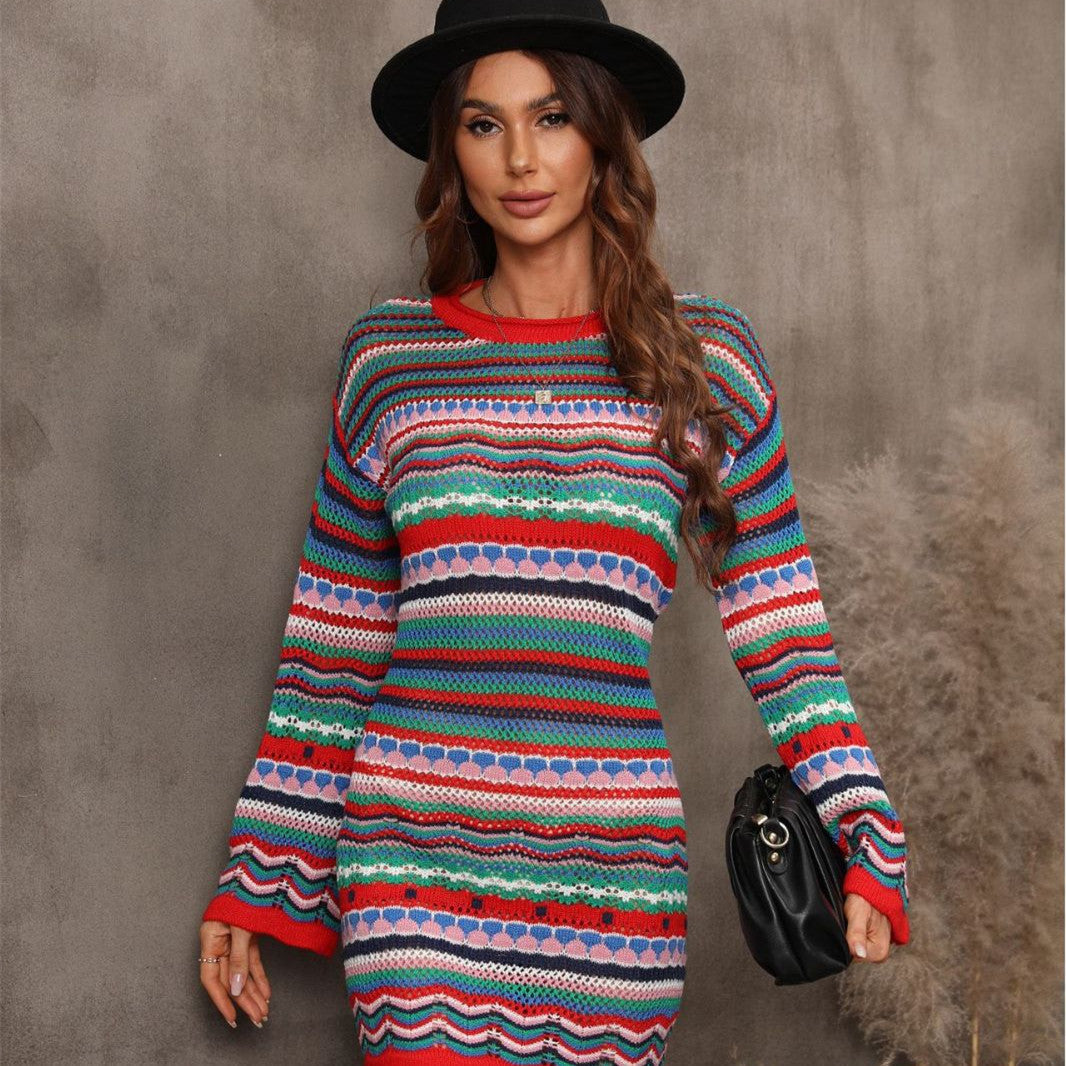 Women's Striped Knit Dress with Bell Sleeves | L&S - 7 - London-stylehouse.com