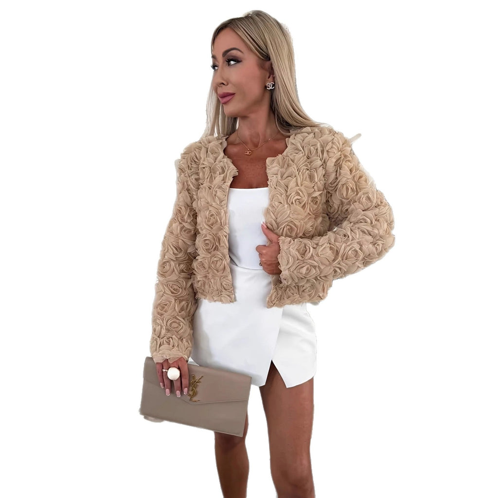 Women's Cropped Textured Jacket with Floral Detail | L&S - 5 - London-stylehouse.com