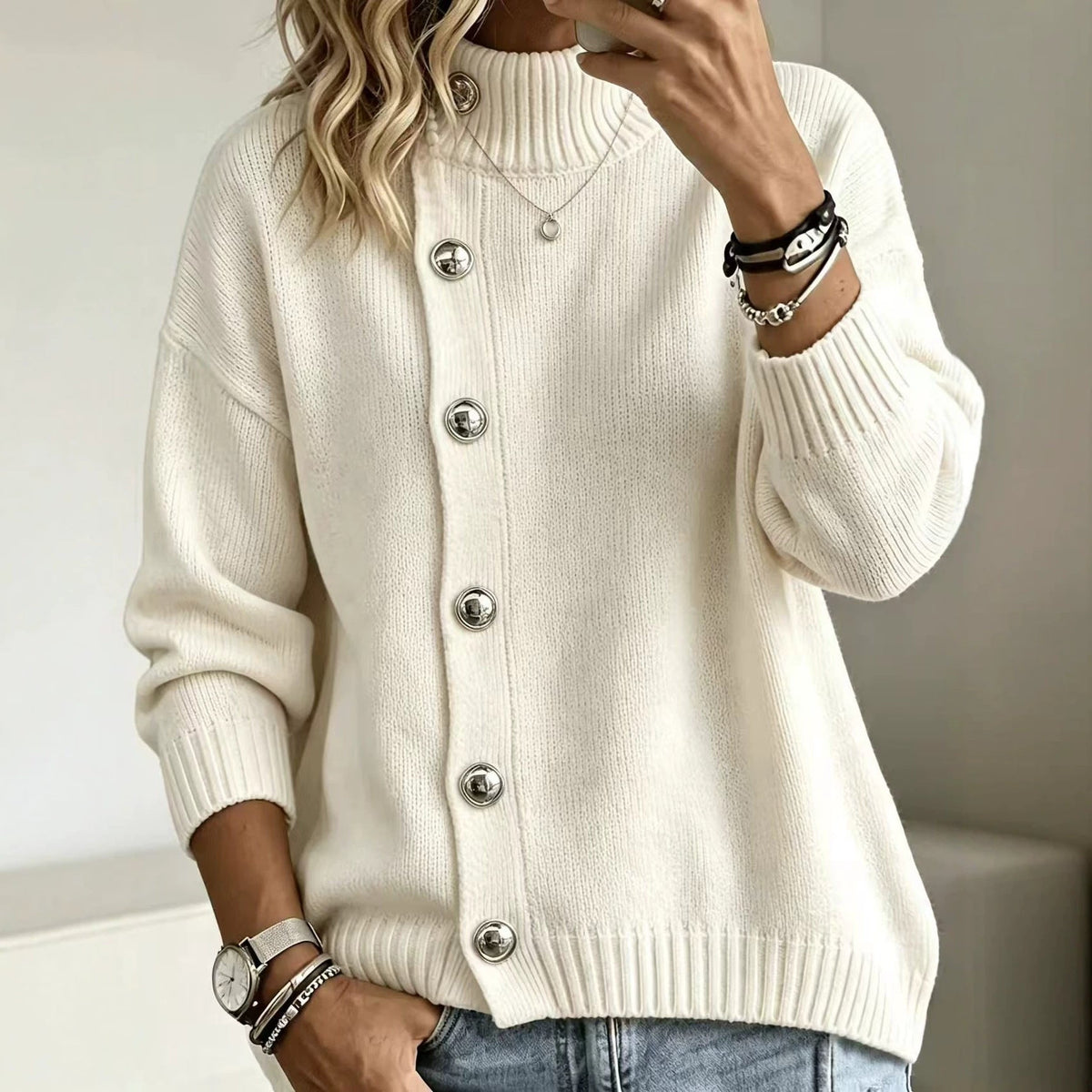 Pullover Women's Relaxed Fit with Button Detail | L&S - 1 - London-stylehouse.com