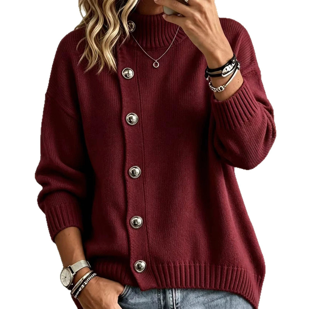 Pullover Women's Relaxed Fit with Button Detail | L&S - 2 - London-stylehouse.com
