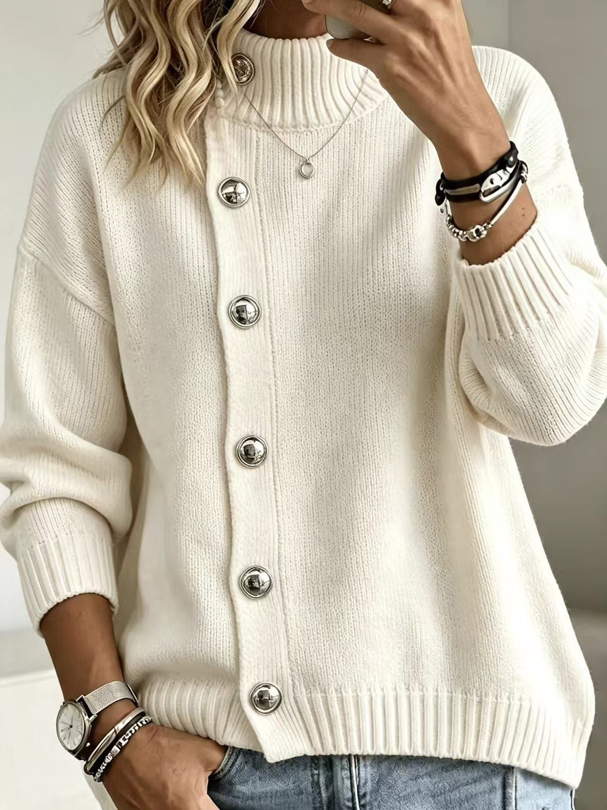 Pullover Women's Relaxed Fit with Button Detail | L&S - 6 - London-stylehouse.com