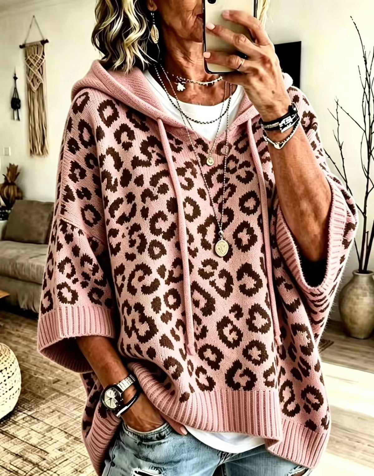 Hoodie Women's Relaxed Fit with Leopard Print and Hood | L&S - 3 - London-stylehouse.com