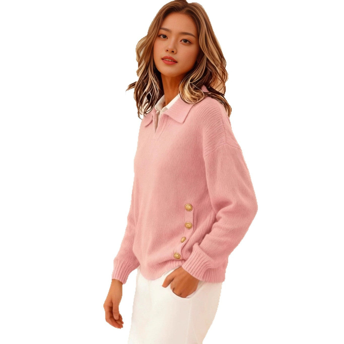 Women's Pullover with Lapel Collar and Button Details | L&S - 5 - London-stylehouse.com