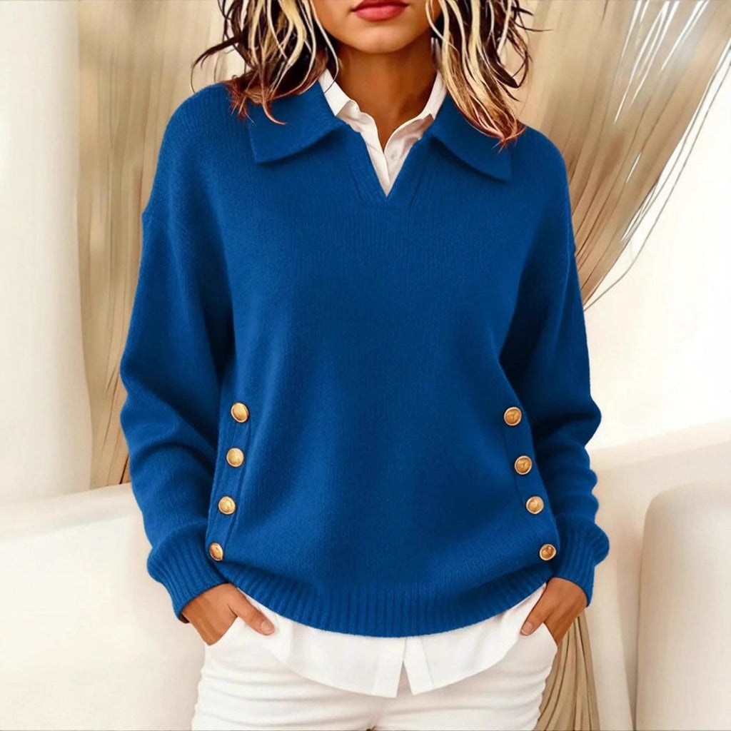 Women's Pullover with Lapel Collar and Button Details | L&S - 12 - London-stylehouse.com