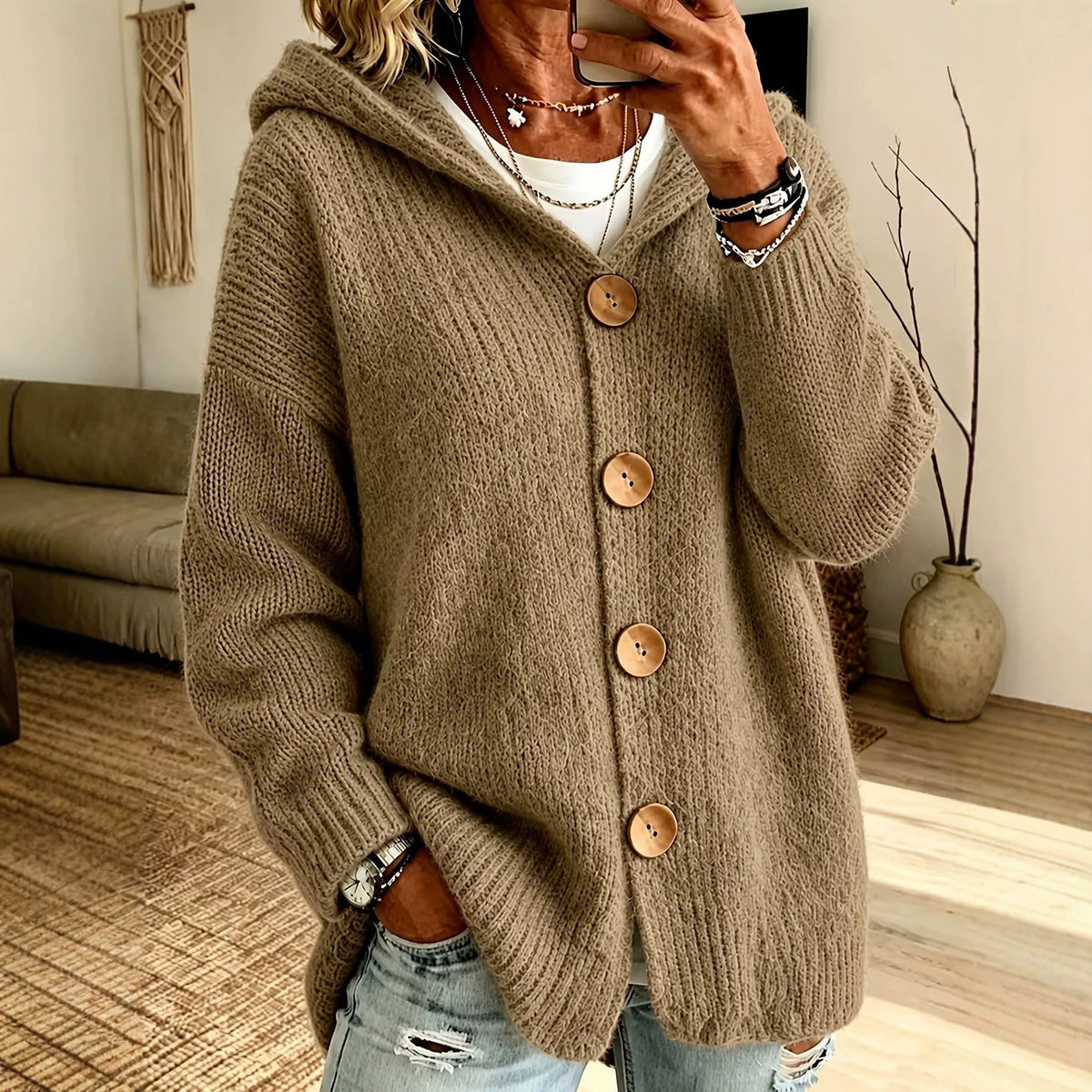 Cardigan Women's Oversized Hooded Design with Button Fastening | L&S - 1 - London-stylehouse.com