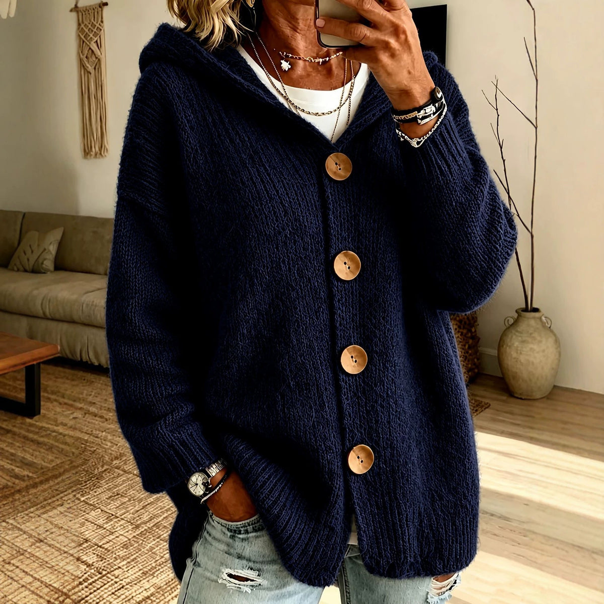 Cardigan Women's Oversized Hooded Design with Button Fastening | L&S - 2 - London-stylehouse.com