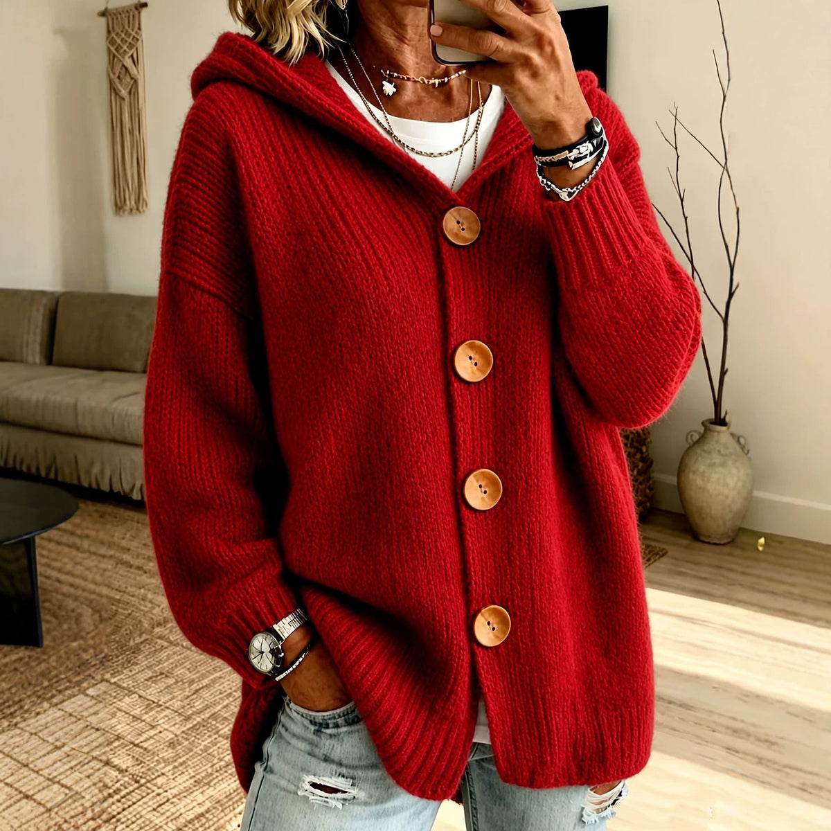 Cardigan Women's Oversized Hooded Design with Button Fastening | L&S - 3 - London-stylehouse.com
