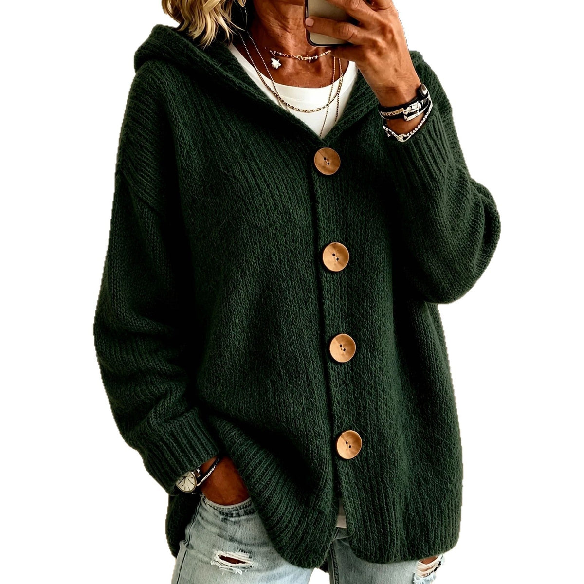 Cardigan Women's Oversized Hooded Design with Button Fastening | L&S - 4 - London-stylehouse.com