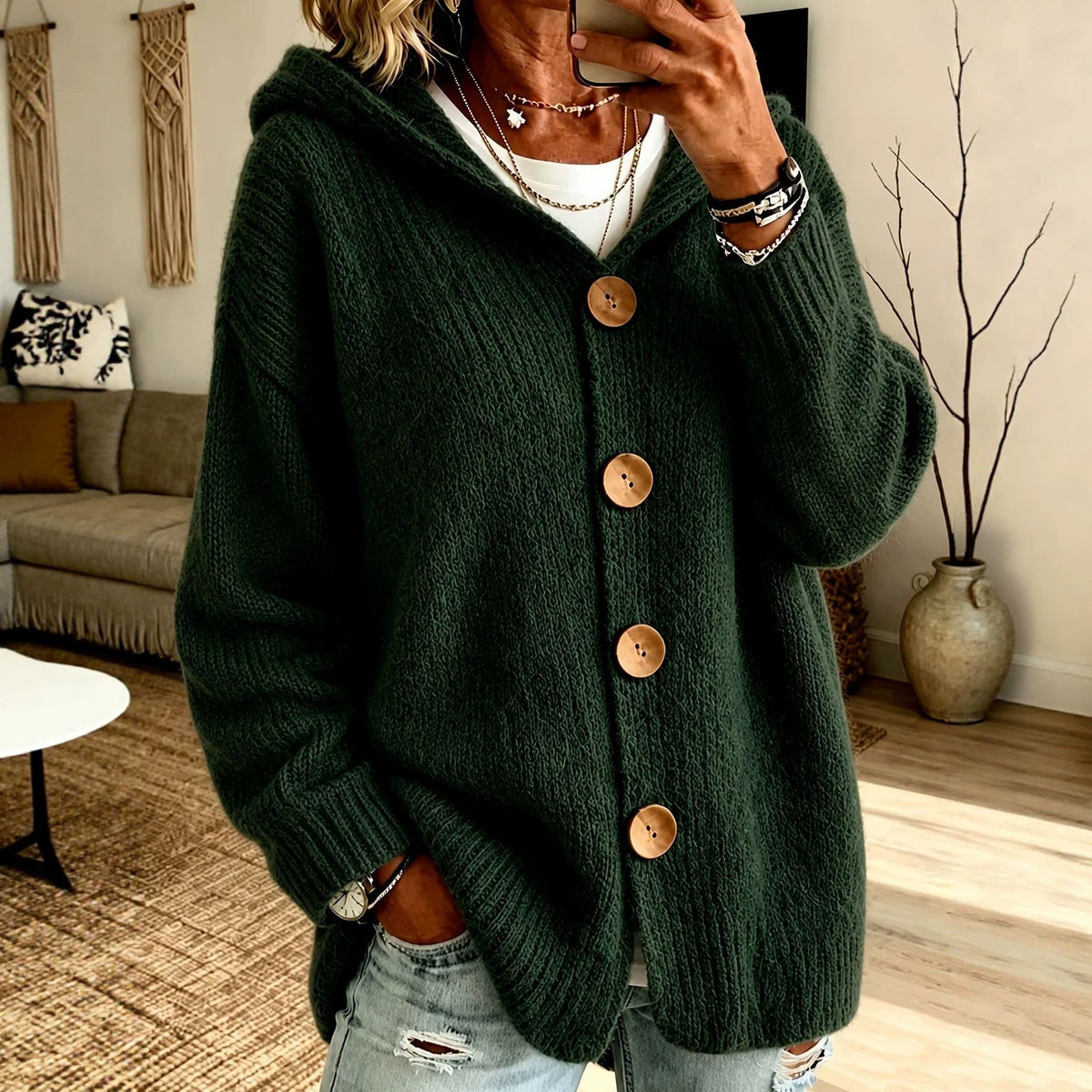 Cardigan Women's Oversized Hooded Design with Button Fastening | L&S - 5 - London-stylehouse.com
