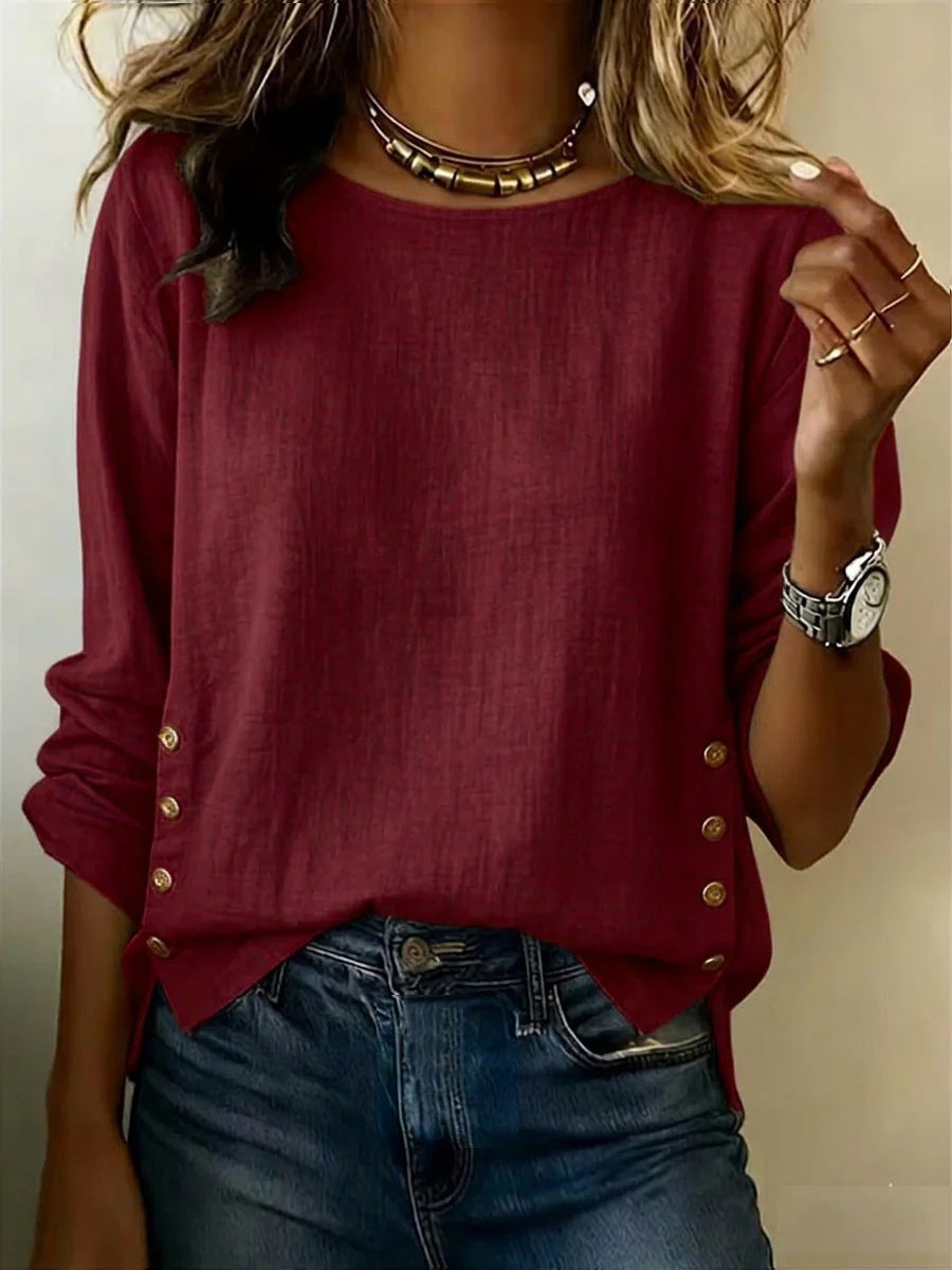 Blouse Women's Relaxed Fit with Side Button Accents | L&S - 7 - London-stylehouse.com