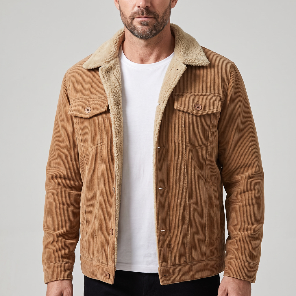 Men's Cord Jacket with Sherpa Collar and Pockets | L&S - 1 - London-stylehouse.com