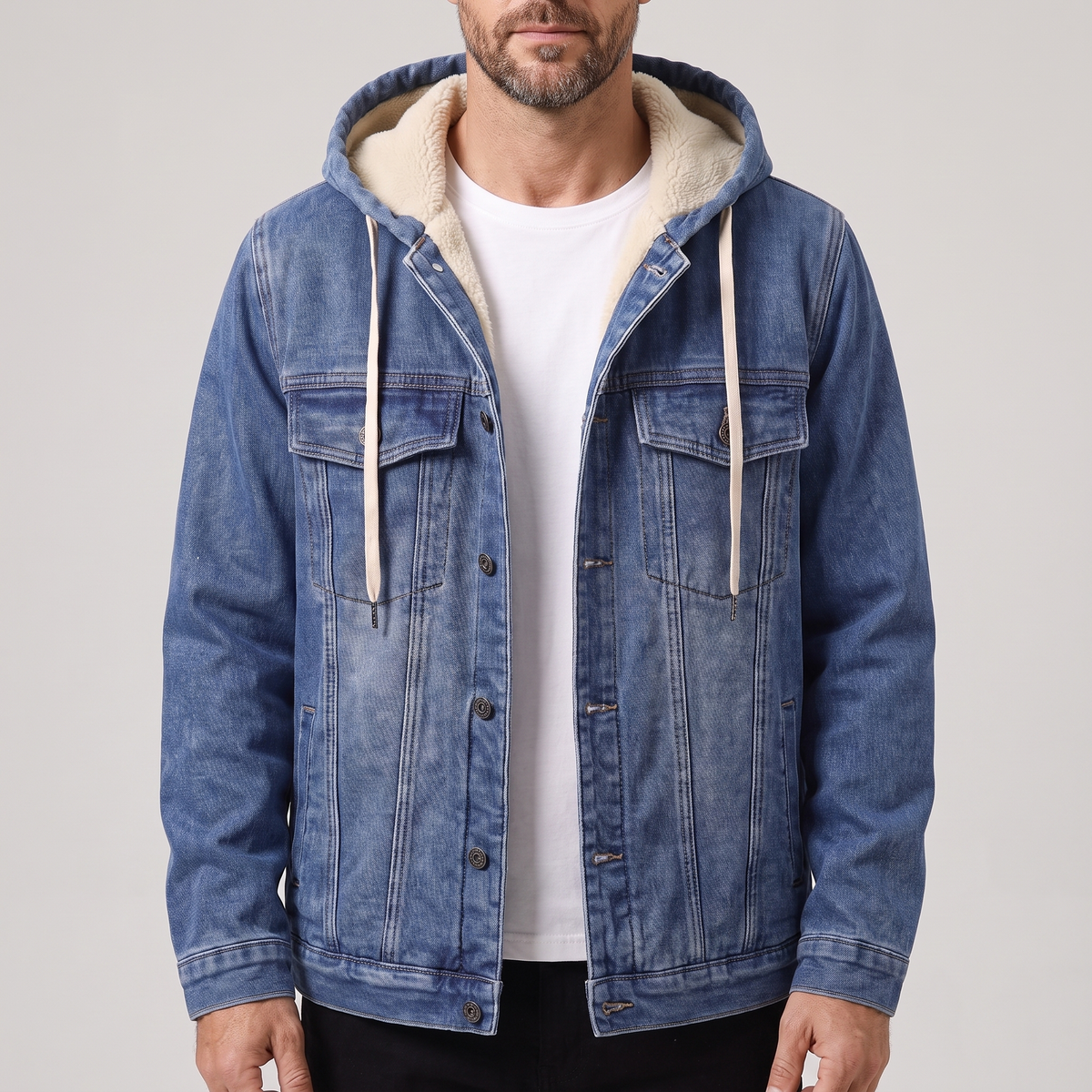 Denim Jacket Men's Hooded Style with Sherpa Lining | L&S - 1 - London-stylehouse.com