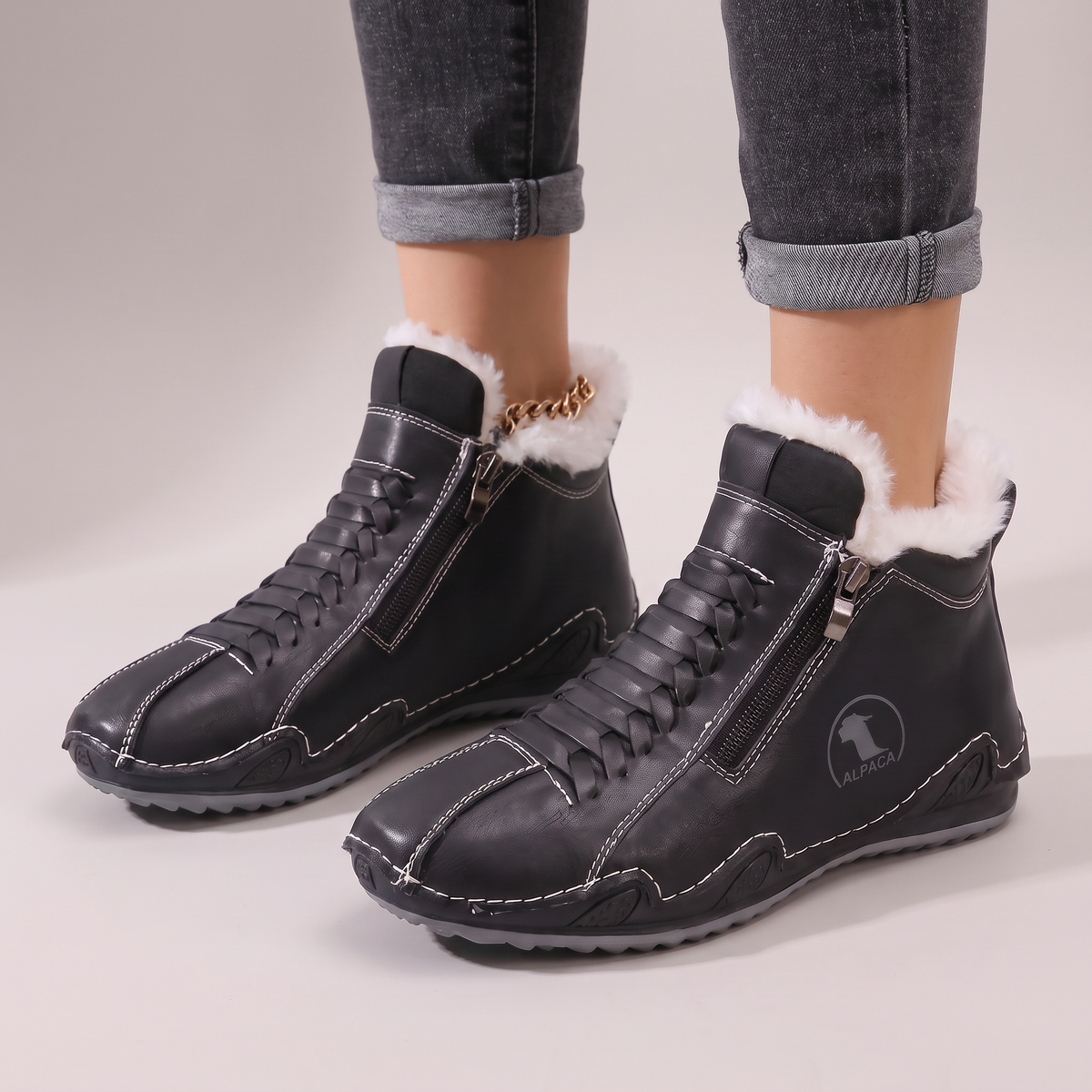 Women's Zip-Up Ankle Boots with Fluffy Lining | L&S - 1 - London-stylehouse.com