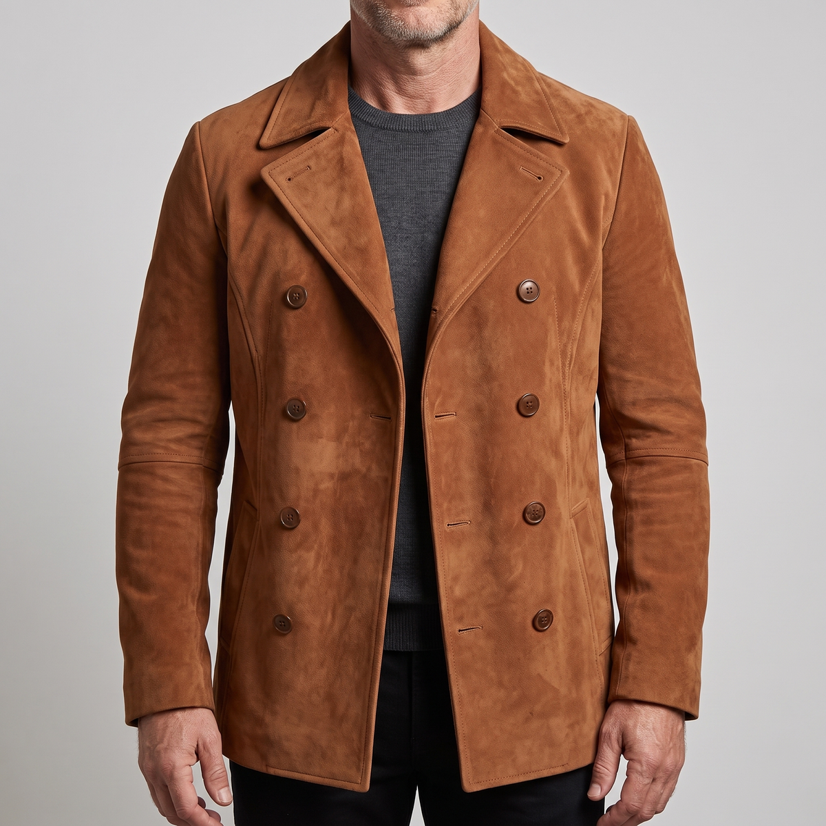 Men's Double-Breasted Coat with Textured Collar | L&S - 1 - London-stylehouse.com