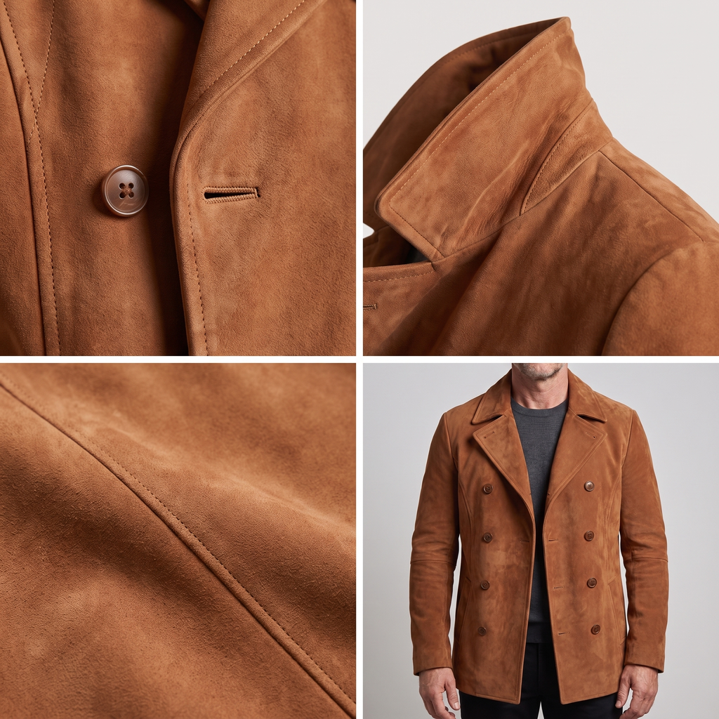 Men's Double-Breasted Coat with Textured Collar | L&S - 7 - London-stylehouse.com