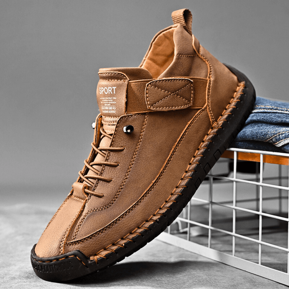 Sport Shoes Men's Casual Lace-Up Design with Velcro | L&S - 2 - London-stylehouse.com