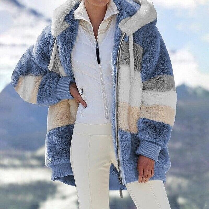 Women's Oversized Faux Fur Jacket with Hood and Striped Design | L&S - 1 - London-stylehouse.com