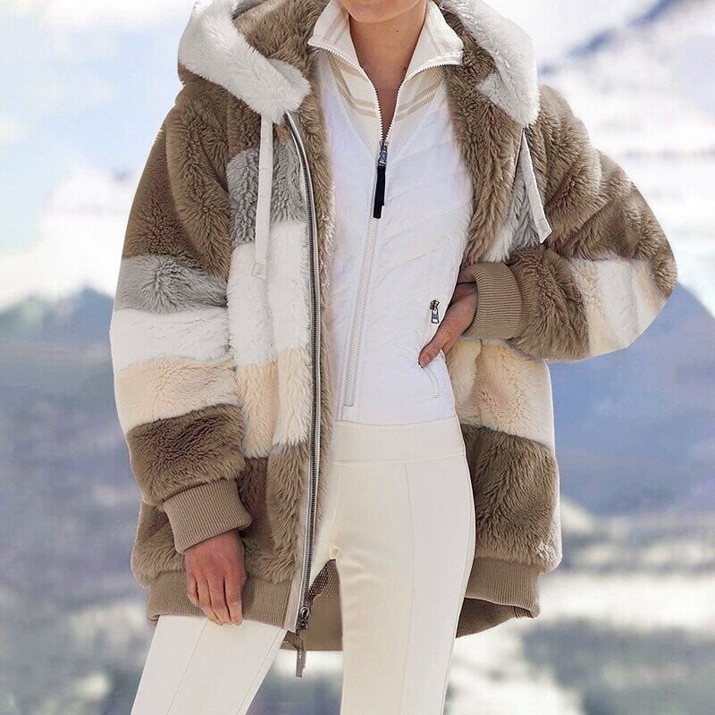Women's Oversized Faux Fur Jacket with Hood and Striped Design | L&S - 6 - London-stylehouse.com