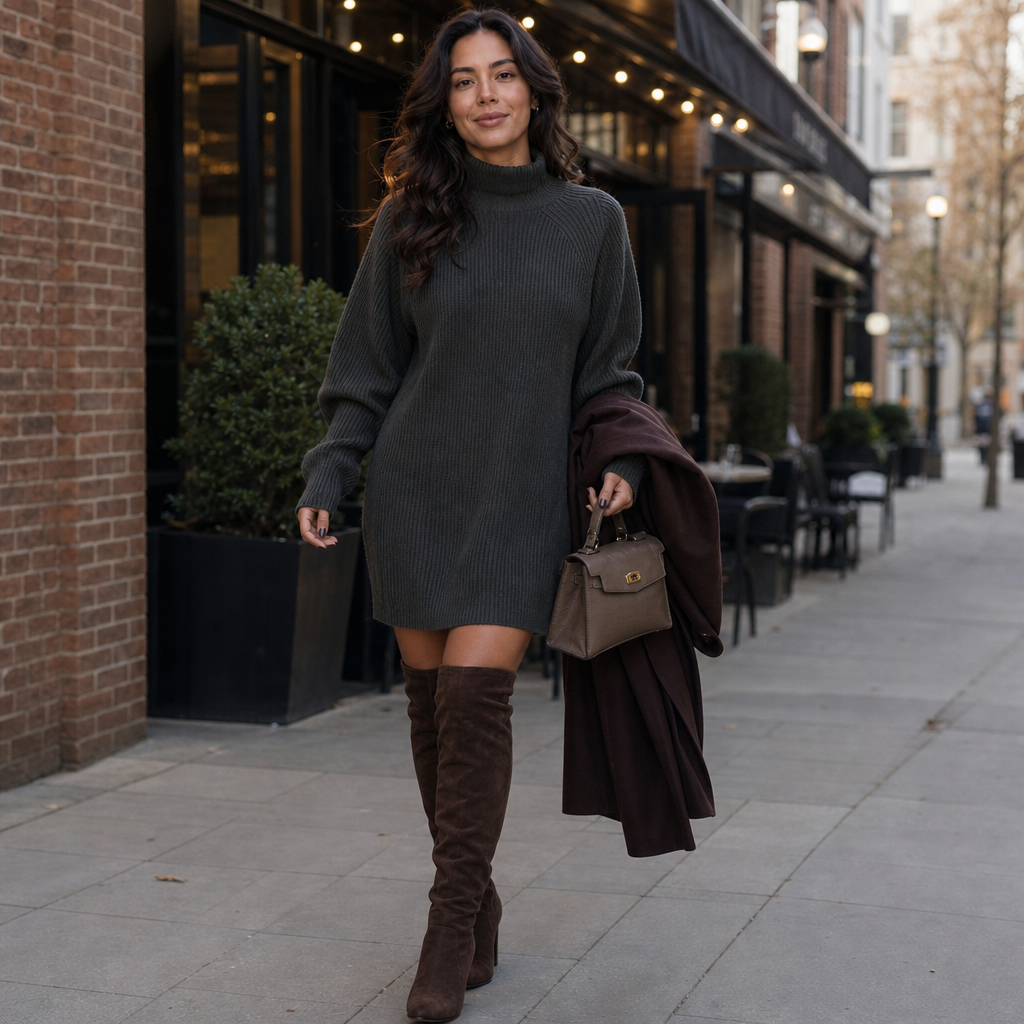 Dress Women's High Neck Sweater Dress with Balloon Sleeves | L&S - 4 - London-stylehouse.com
