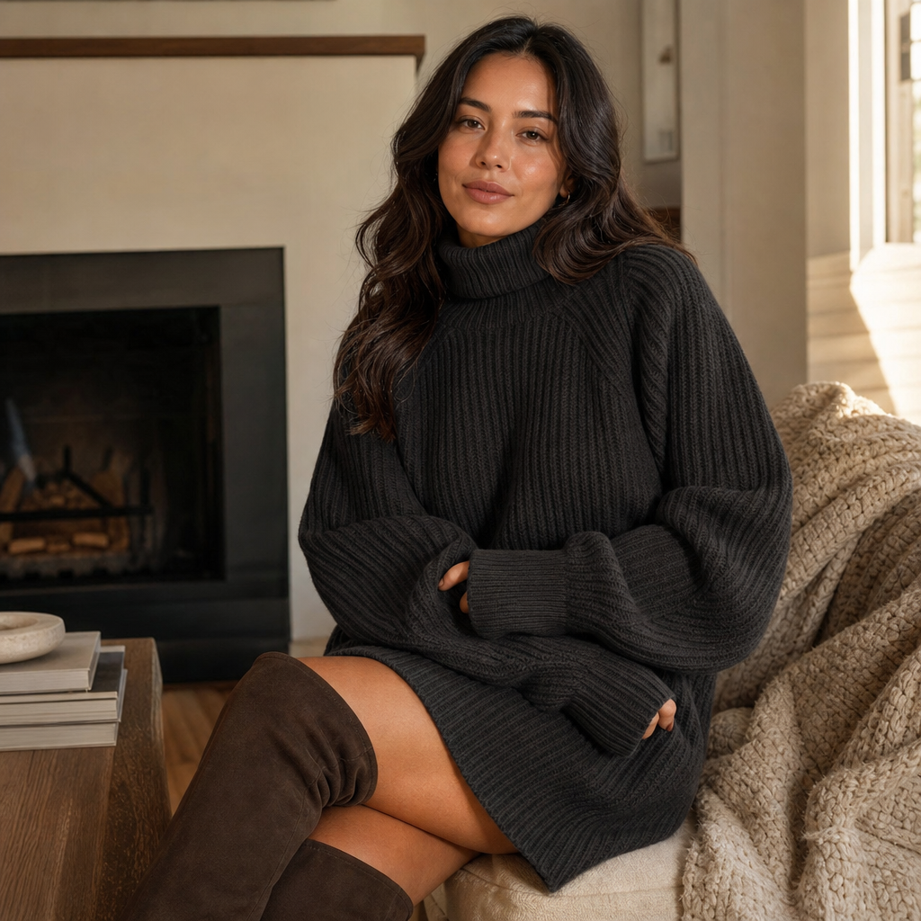 Dress Women's High Neck Sweater Dress with Balloon Sleeves | L&S - 6 - London-stylehouse.com