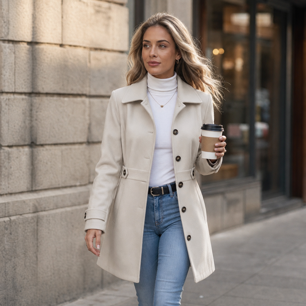 Women's Tailored Coat with Belt and Button Detail | L&S - 2 - London-stylehouse.com
