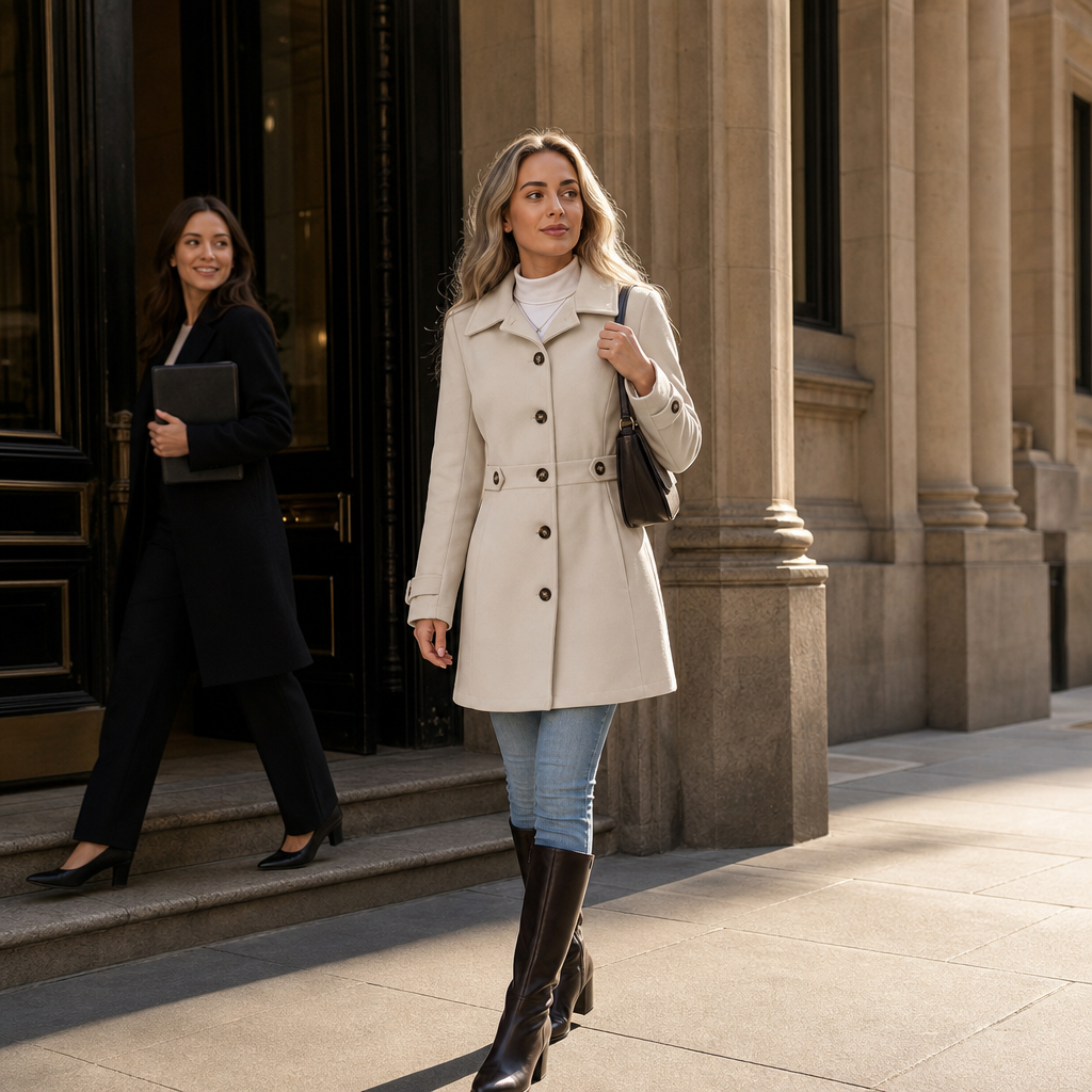 Women's Tailored Coat with Belt and Button Detail | L&S - 3 - London-stylehouse.com