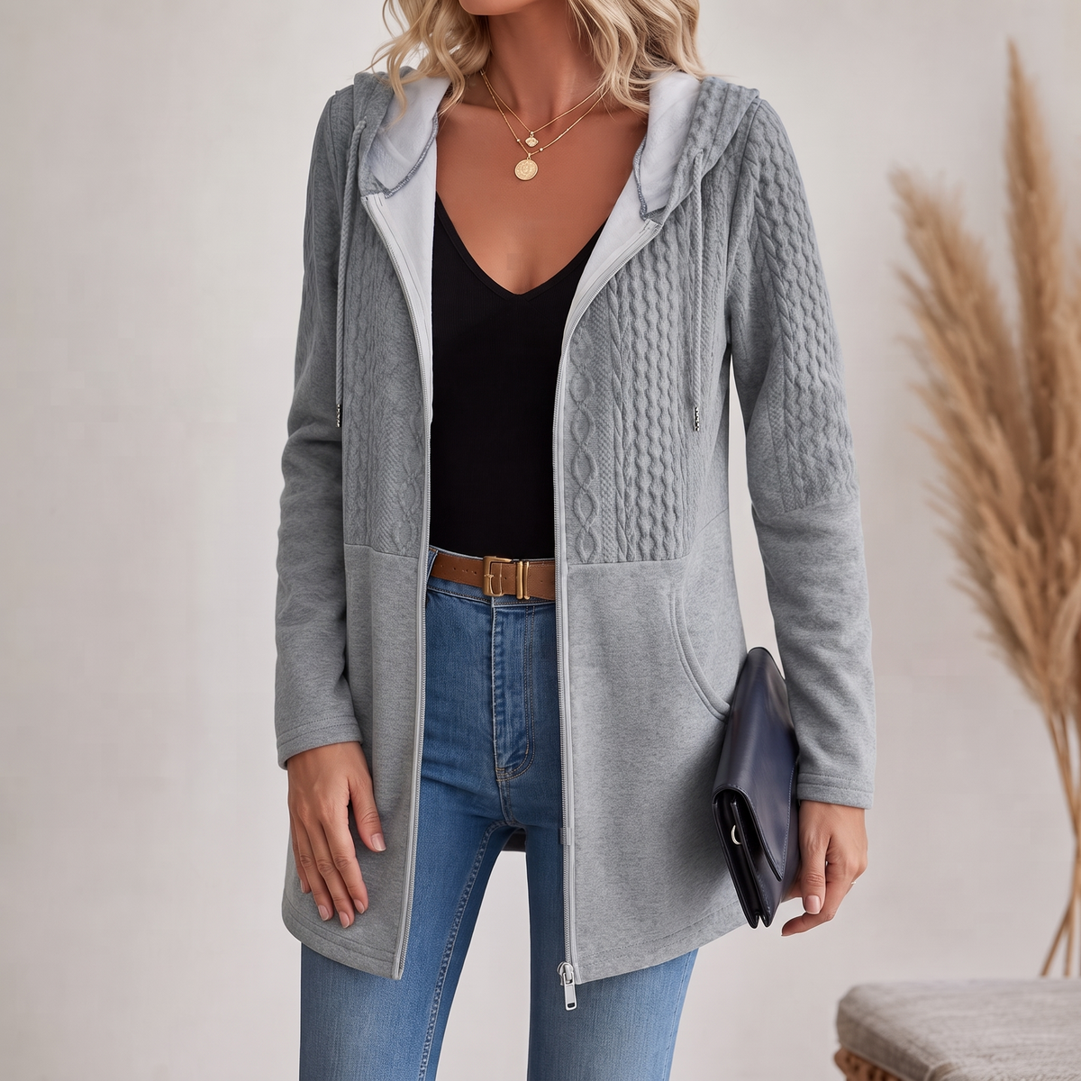 Hoodie for Women's Longer Cut with Structured Detail | L&S - 1 - London-stylehouse.com