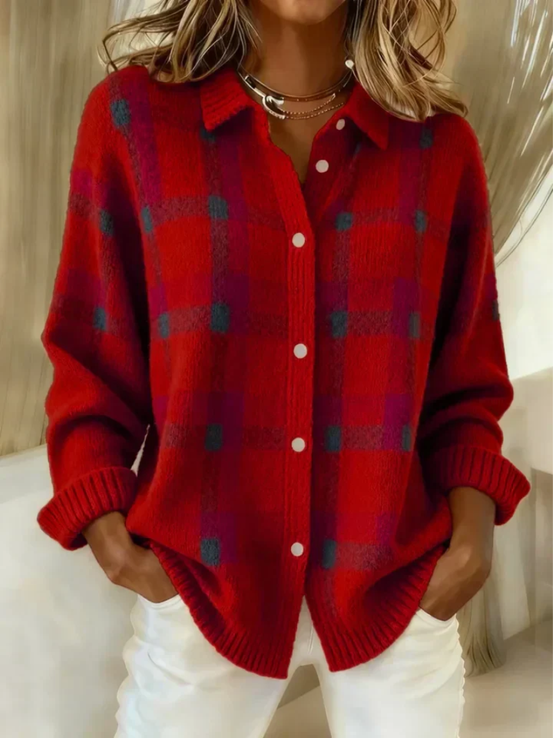 Check Pattern Women's Sweater with Button Front | L&S - 1 - London-stylehouse.com