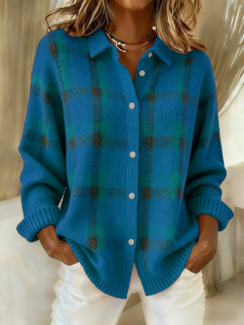 Check Pattern Women's Sweater with Button Front | L&S - 4 - London-stylehouse.com